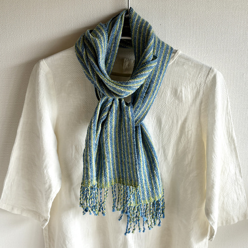 手織り』シルクのマフラー/ブルーと黄緑色のストライプ ストール Kei