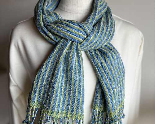青と緑のストライプ 織物マフラー 手織り』シルクのマフラー/ブルーと黄緑色のストライプ ストール Kei