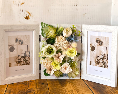 フラワーフォトフレーム 2フォト ホワイトグリーン フォトフレーム