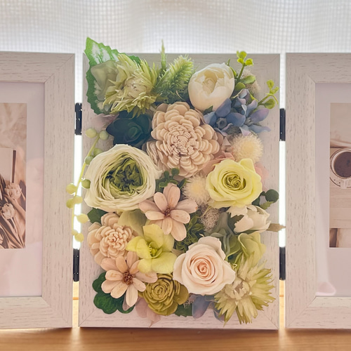 フラワーフォトフレーム 2フォト ホワイトグリーン フォトフレーム