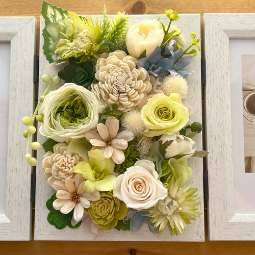 フラワーフォトフレーム 2フォト ホワイトグリーン フォトフレーム