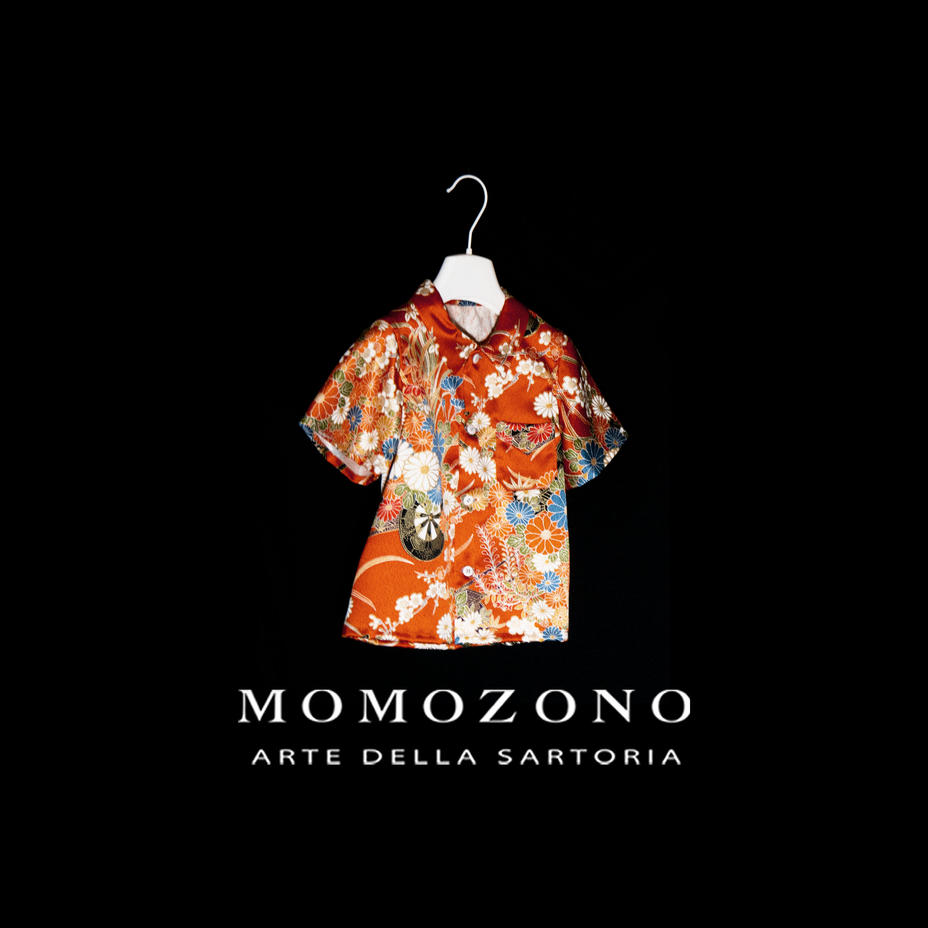 オレンジ、花柄シルク着物リメイク、子供用半袖シャツ(約1才から5才)MZ original