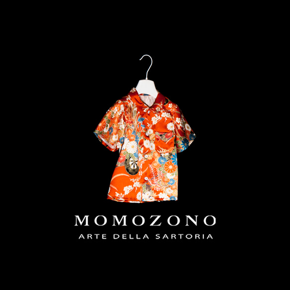オレンジ、花柄シルク着物リメイク、子供用半袖シャツ(約1才から5才)MZ original 1枚目の画像