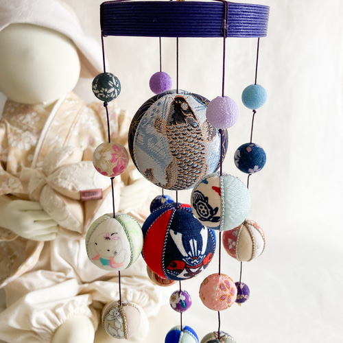 完成品 即発送 小さな鞠の吊るし飾り まり端午 置き型 紫 木目込み