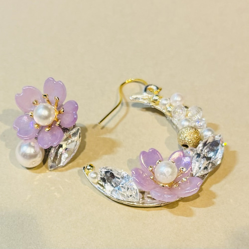 ✞『1粒ビジューピアス』ビジュー 春 桜（ハンドメイド/ビジューピアス  