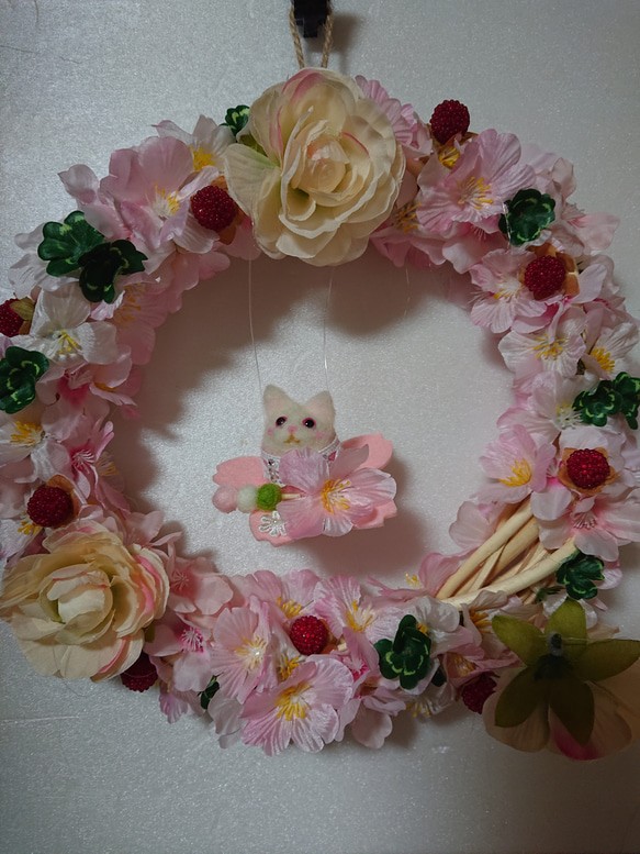 桜満開猫ちゃんリース 1枚目の画像