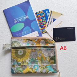 オーダー品　リバティ×半クリア ラミネートポーチ ☆受注制作☆ 仕切り付きA6（お薬手帳）カード入れつきL字ファスナー