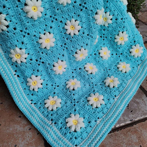 デイジーモチーフ ブランケット ひざ掛け グラニースクエア ＊ ブルーラベンダー 🧶後編【デイジーモチーフのブランケット】 編み物 かぎ針編み