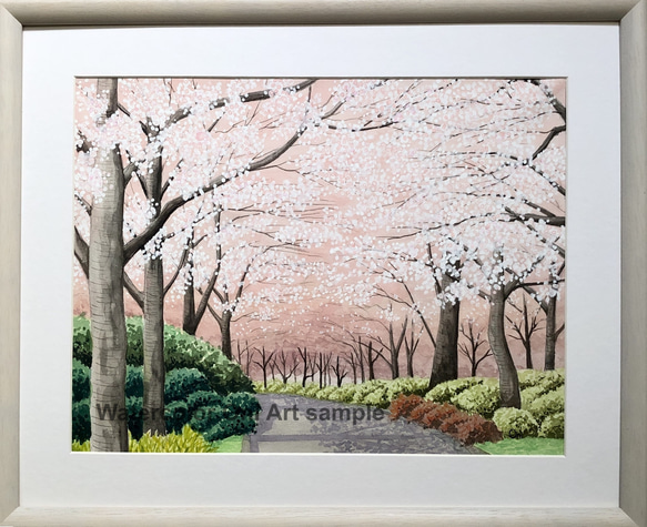 「桜の小径」透明水彩画　原画　風景画　額縁付　F６サイズ 1枚目の画像
