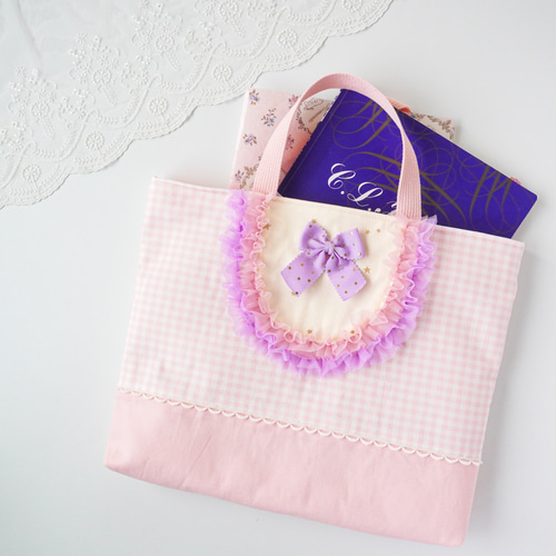 入園入学に♡リボンとフリルのレッスンバッグ（ピンク）♡マチ付き