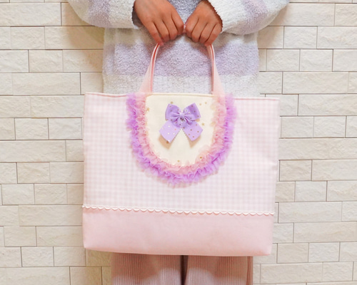 入園入学に♡リボンとフリルのレッスンバッグ（ピンク）♡マチ付き
