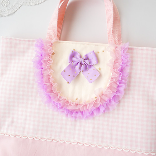 入園入学に♡リボンとフリルのレッスンバッグ（ピンク）♡マチ付き