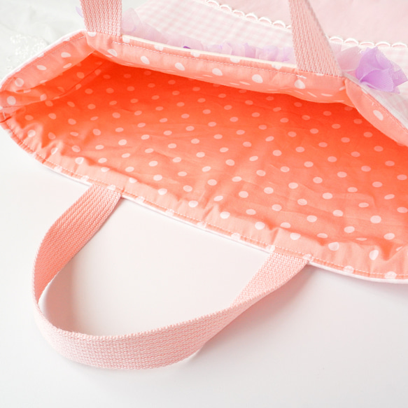 《新作》フリルのレッスンバッグ（ピンク）♡女の子♡マチ付き・入園入学・習い事・ピアノバッグ・手提げかばん 12枚目の画像