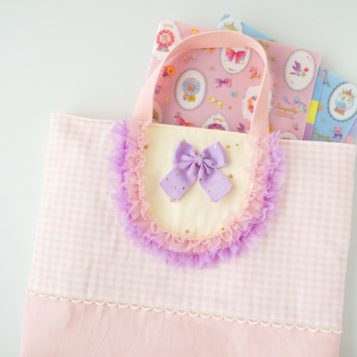 入園入学に♡リボンとフリルのレッスンバッグ（ピンク）♡マチ付き
