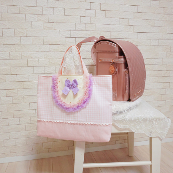 《新作》フリルのレッスンバッグ（ピンク）♡女の子♡マチ付き・入園入学・習い事・ピアノバッグ・手提げかばん 6枚目の画像