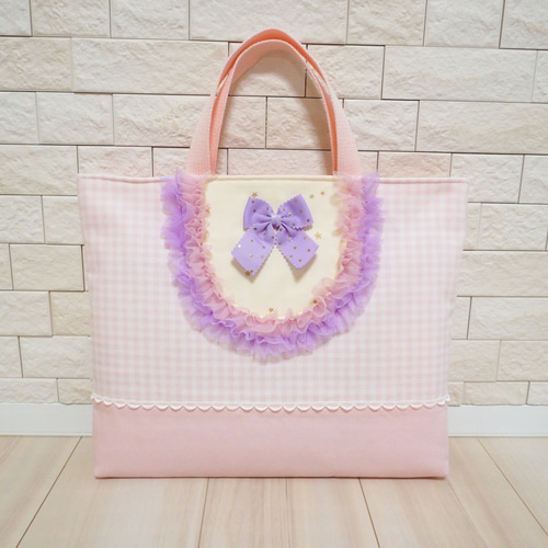 入園入学に♡リボンとフリルのレッスンバッグ（ピンク）♡マチ付き