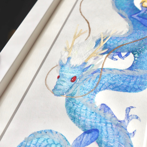 美しい降臨龍の木版画 降り龍 青龍 縁起物 龍神 版画 かさね