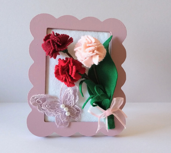 [専用　こり様]刺繍 フェルト ストラップ カーネーション カーネーションフォトフレーム＊母の日＊フェルトフラワー＊レース