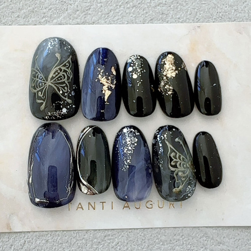 ミッドナイトブルー 紺色 ネイルチップ 蝶々 ネイビー ブラック 漆黒