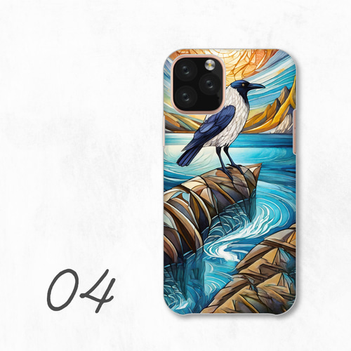 白いカラス 水平線 海 ステンドグラス 全機種対応スマホケース 背面型