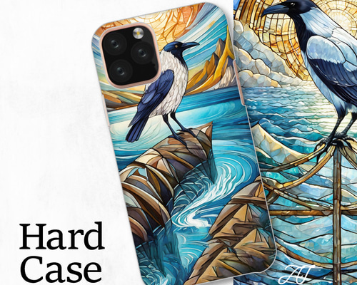 白いカラス 水平線 海 ステンドグラス 全機種対応スマホケース 背面型