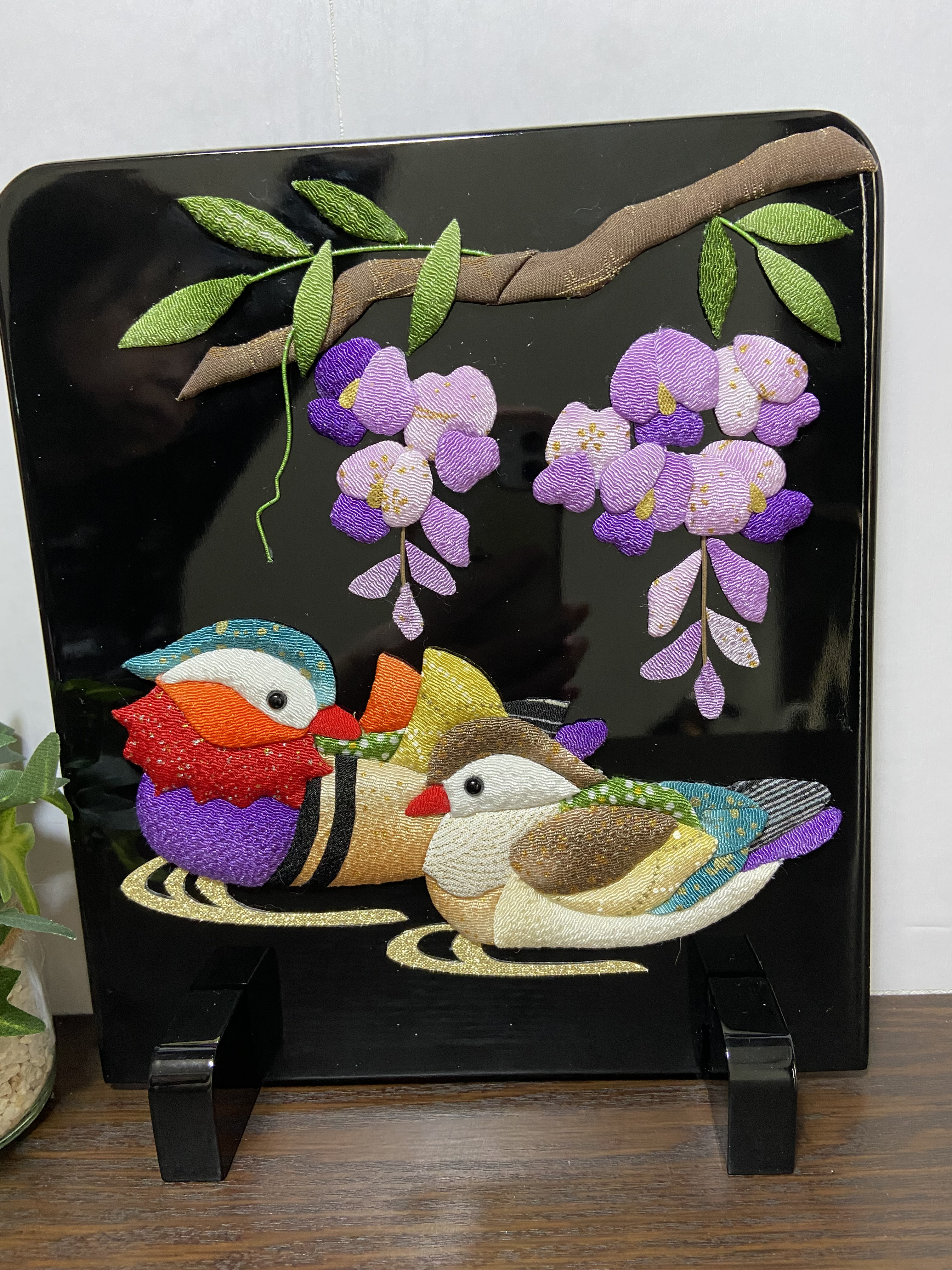 送料無料　衝立押絵　夫婦おしどりと藤