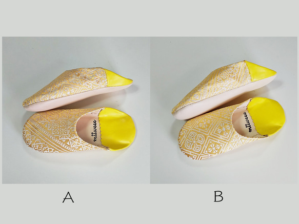 モロッコ　バブーシュ　ファブリック　イエロver2　レザー Mサイズ　Lサイズ 3枚目の画像