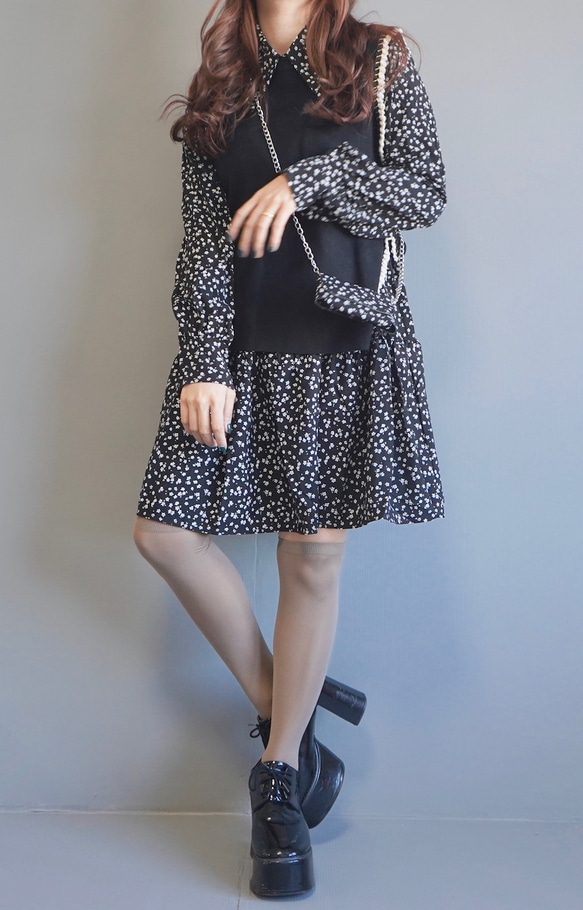 (Flower Onepiece + Vest + Mini Bag) 3P SET - Black ひざ丈ワンピース 2枚目の画像