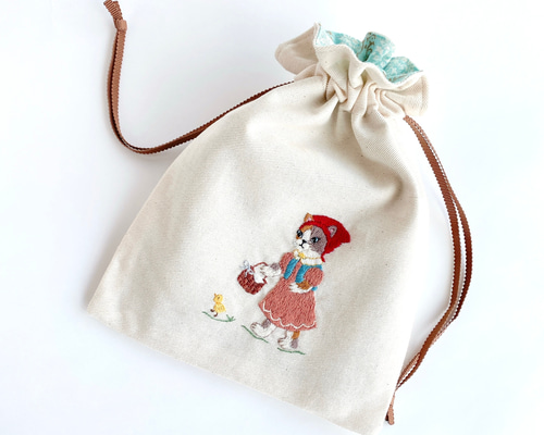 四角い刺繍巾着＊おつかいねこちゃんとアヒル親子〈無料