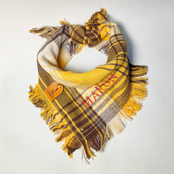 選べる刺繍糸30色♪　お名前刺繡付き　黄色　かわいいフリンジバンダナ　犬　猫　首輪 12枚目の画像