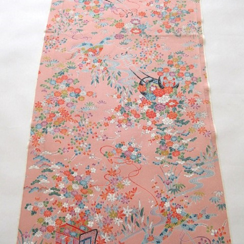 桃色 本加賀友禅 御所車に草花模様 正絹 丹後ちりめん No.202 桃色 本加賀友禅 御所車に草花模様 正絹 丹後ちりめん No.202