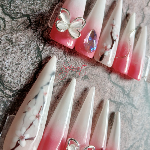 ジェルネイルチップ☆付け爪☆鬼ロング標準☆3D蝶々×和の花☆春ネイル