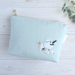 シマエナガとお花の刺繍リネンペンケース【桜ピンク】 ペン