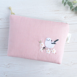 【リネン刺繍　桜坂美野様オーダー専用ページ】クッションカバー　ボートポーチ シマエナガと桜の刺繍小さめリネンポーチ【マッシュルーム