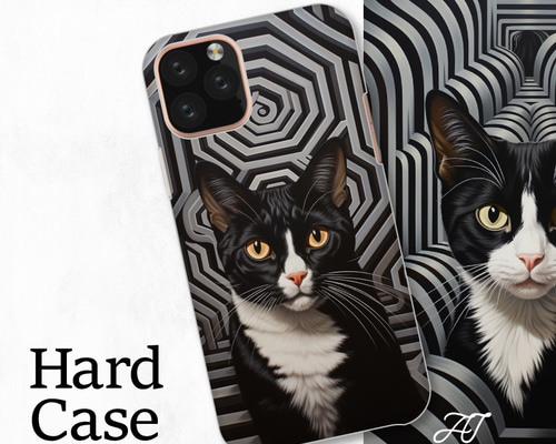 猫 ねこ ネコ トリックアート 幾何学 全機種対応スマホケース 背面型