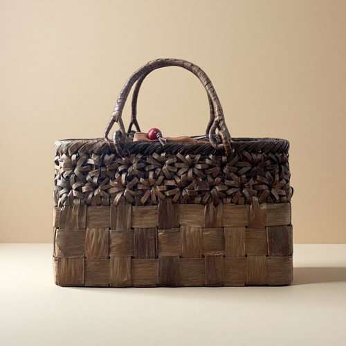 お得】胡桃かごバッグ 手作り 籠バッグ 立体花編み・市松編み 内布あり