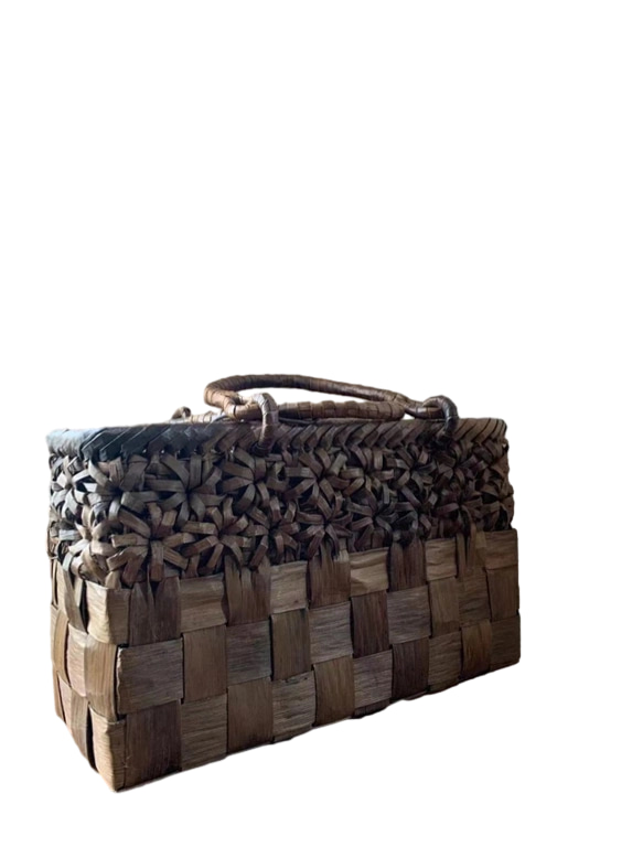 胡桃かごバッグ 手作り 籠バッグ 立体花編み・市松編み 内布あり (約)幅32×本体高さ20×マチ13cm 