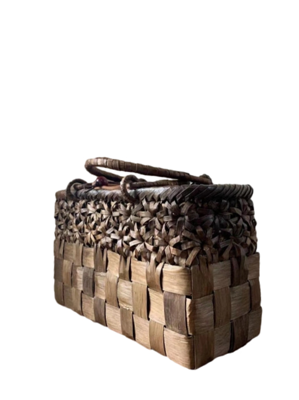 胡桃かごバッグ 手作り 籠バッグ 立体花編み・市松編み 内布あり (約)幅32×本体高さ20×マチ13cm 