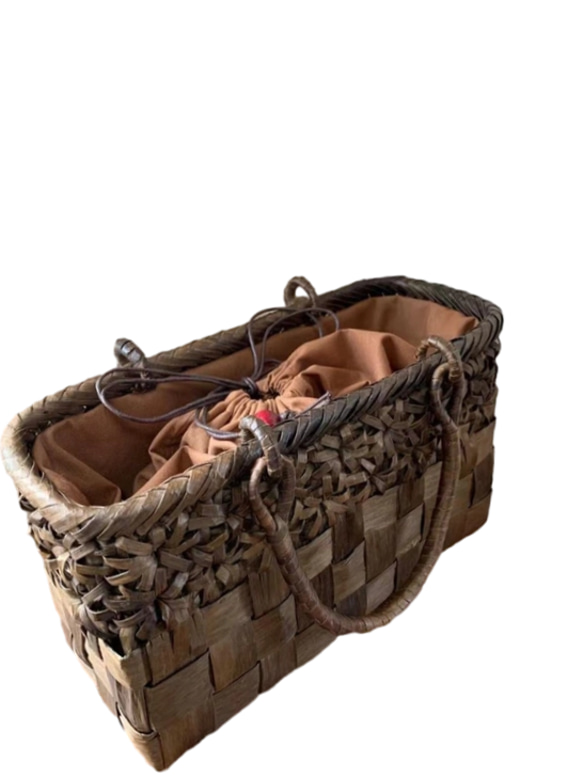 胡桃かごバッグ 手作り 籠バッグ 立体花編み・市松編み 内布あり (約)幅32×本体高さ20×マチ13cm 