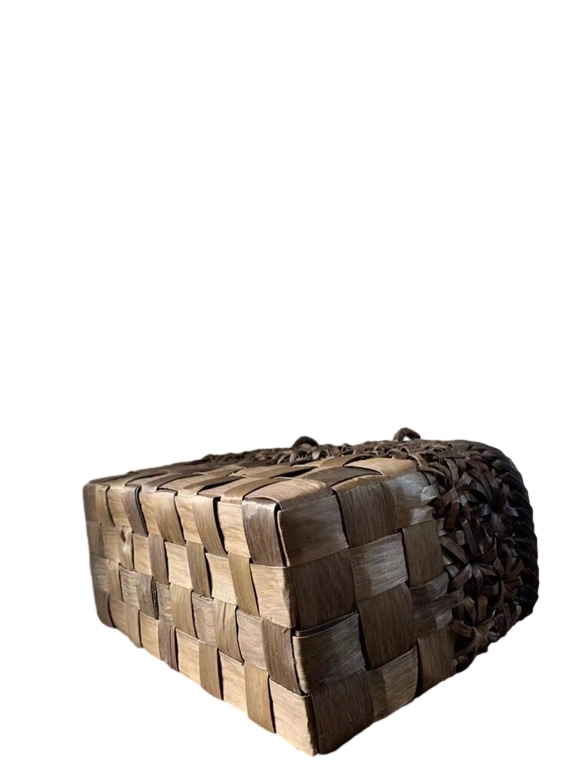 胡桃かごバッグ 手作り 籠バッグ 立体花編み・市松編み 内布あり (約)幅32×本体高さ20×マチ13cm 