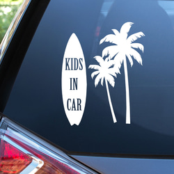 BABY.KIDS IN CAR 赤ちゃんが乗ってます ヤシ サーフボード　車サインステッカー　rzn-001-001 1枚目の画像