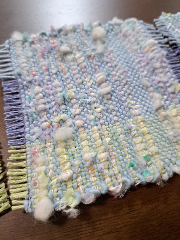 淡い春色ファンシーyarn　手織りコースター　3枚セット 3枚目の画像