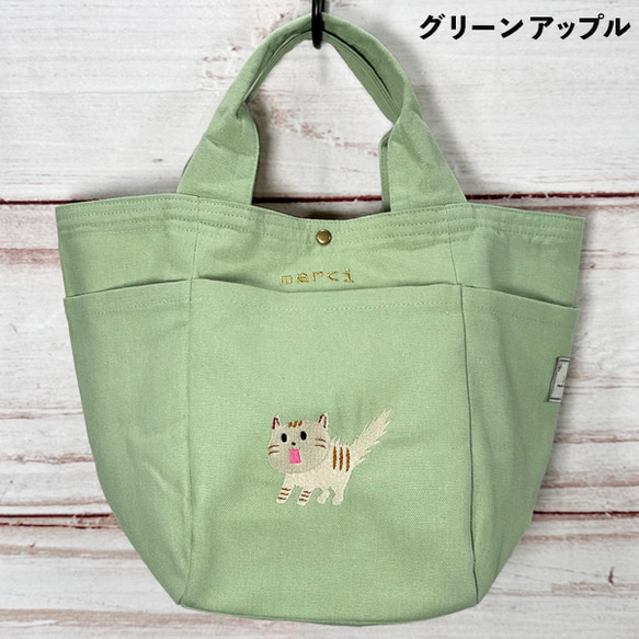 【送料無料】驚き猫の刺繍 ポケット付きコットンミニトートハンドバッグ 春夏版 3枚目の画像