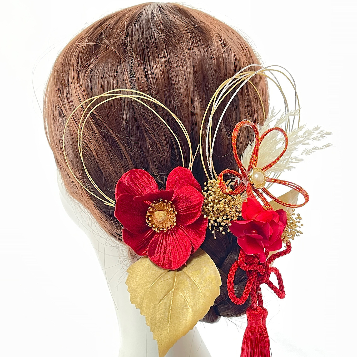 成人式　卒業式　髪飾り　椿水引フラワー髪飾り　ゴールドレッド　水引髪飾り　成人式髪飾り　ベッドパーツ