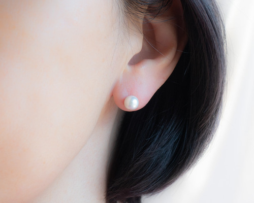 天然シェル　ダイヤ　花形ピアス 花珠シェルパール7mm＞シンプルひとつぶピアス(イヤリング変更可