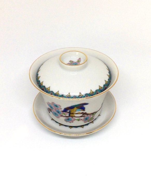 九谷紋様『桜に鳥』の中国茶器　蓋碗　カップ&ソーサー 3枚目の画像