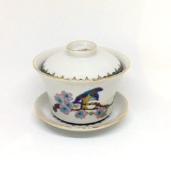 九谷紋様『桜に鳥』の中国茶器　蓋碗　カップ&ソーサー 2枚目の画像