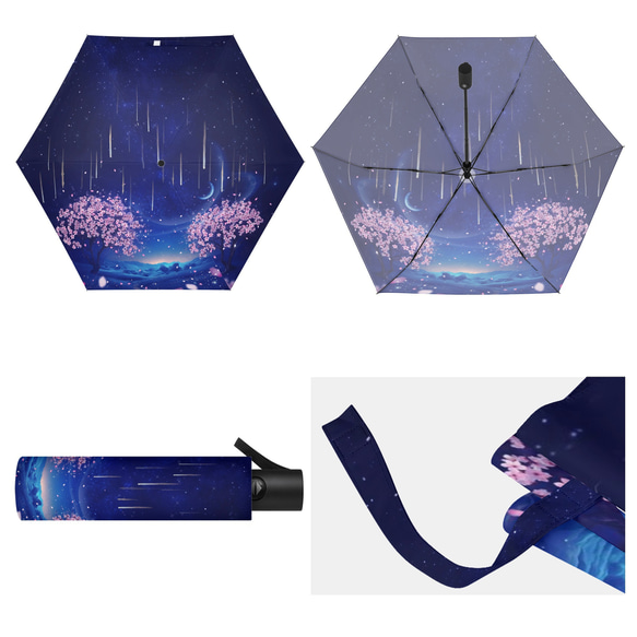 晴雨兼用、夜桜と流星群の景色 折りたたみ傘・日傘 6枚目の画像