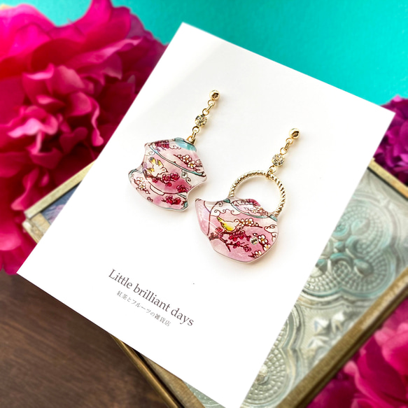 ChinaTea earring -花と鳥-｜中国茶器イヤリング・ピアス 3枚目の画像