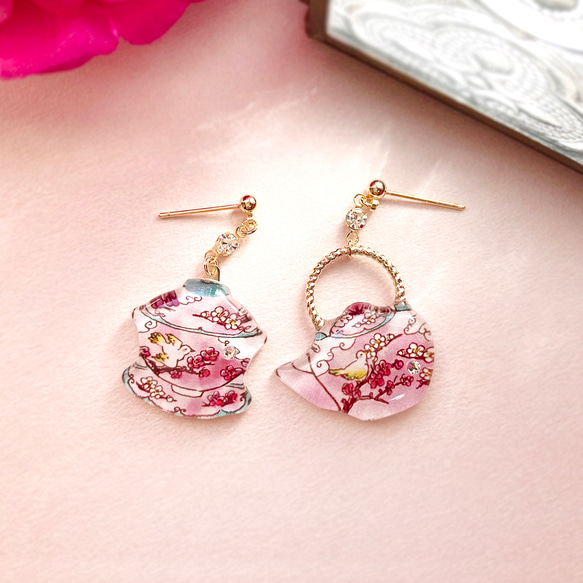 ChinaTea earring -花と鳥-｜中国茶器イヤリング・ピアス 2枚目の画像